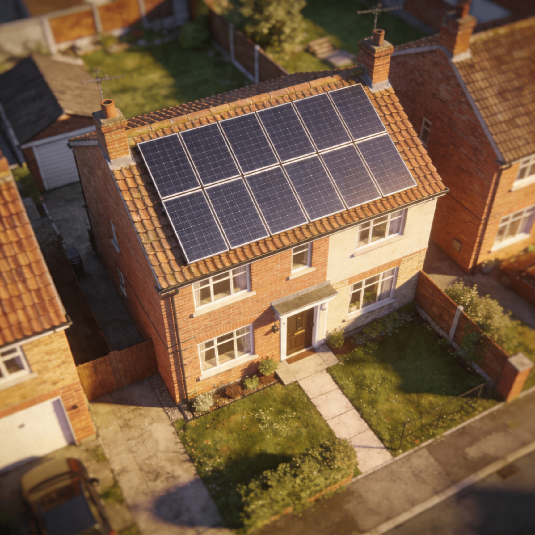 Aerial view of a UK red-brick home with solar panels on the roof